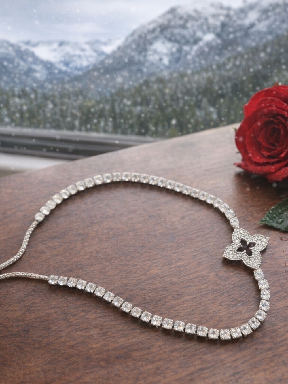 Crystal Tennis Necklace with Floral Pavé Accent - White